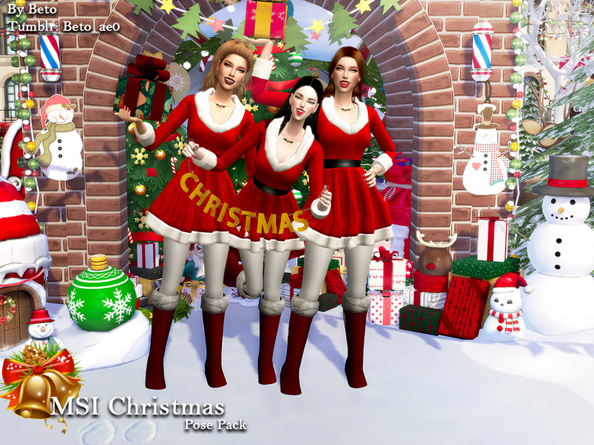 Un conjunto de poses en el que un grupo de sims usa accesorios como cajas de regalo y un letrero que dice NAVIDAD en letras mayúsculas para mostrar su alegría festiva