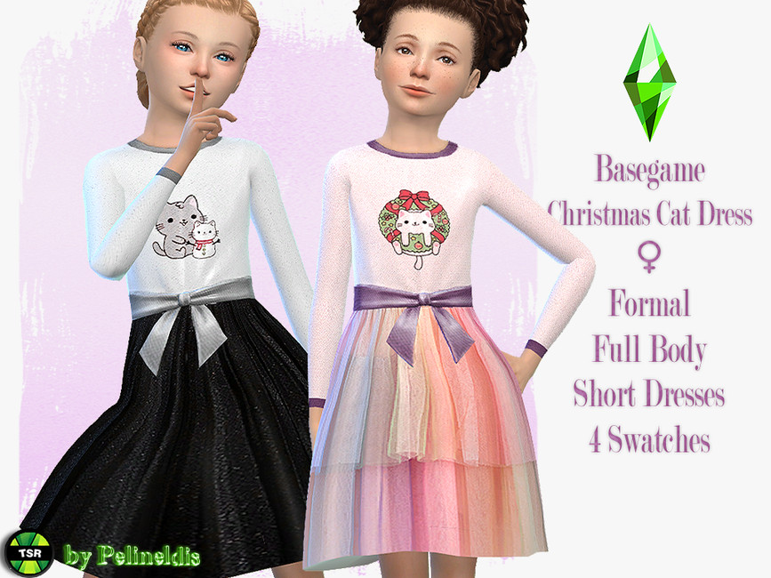 Dos Sims que llevan un vestido de manga larga en colores no tradicionales para las fiestas, pero la imagen en el pecho es un gato en escenarios festivos.
