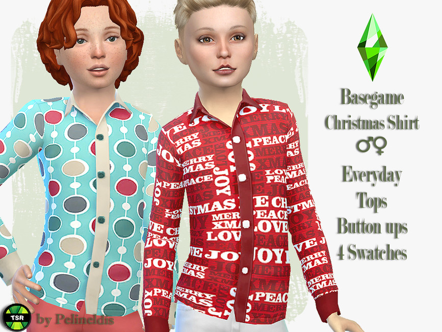 Dos sims que llevan puestas camisas de botones que son ropa navideña de los sims 4 cc. Están decoradas con adornos o palabras festivas.
