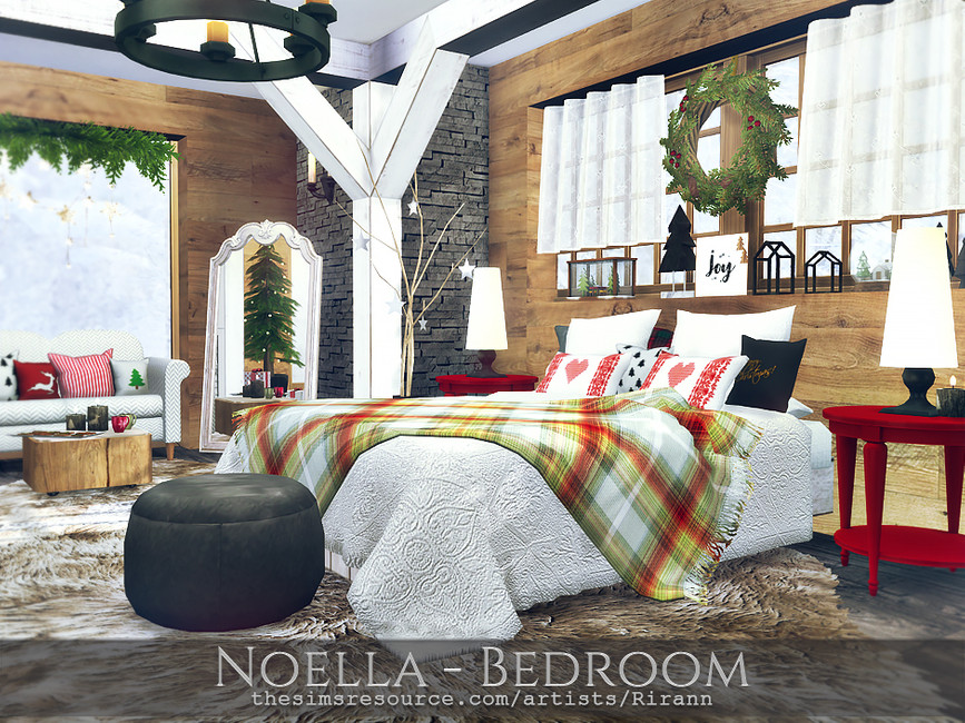 Un dormitorio en Los Sims 4 con vigas blancas, ladrillos y detalles de madera. Los sets de muebles cc tienen lindas almohadas festivas y una mesita de noche roja.
