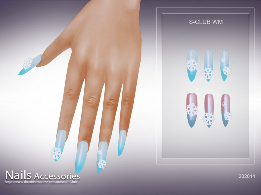Una mano quieta que viene desde la parte superior de la pantalla. Esta mano tiene uñas de CC navideñas de Los Sims 4 en forma de estilete que están cubiertas de esmalte de uñas azul degradado y pequeños copos de nieve.