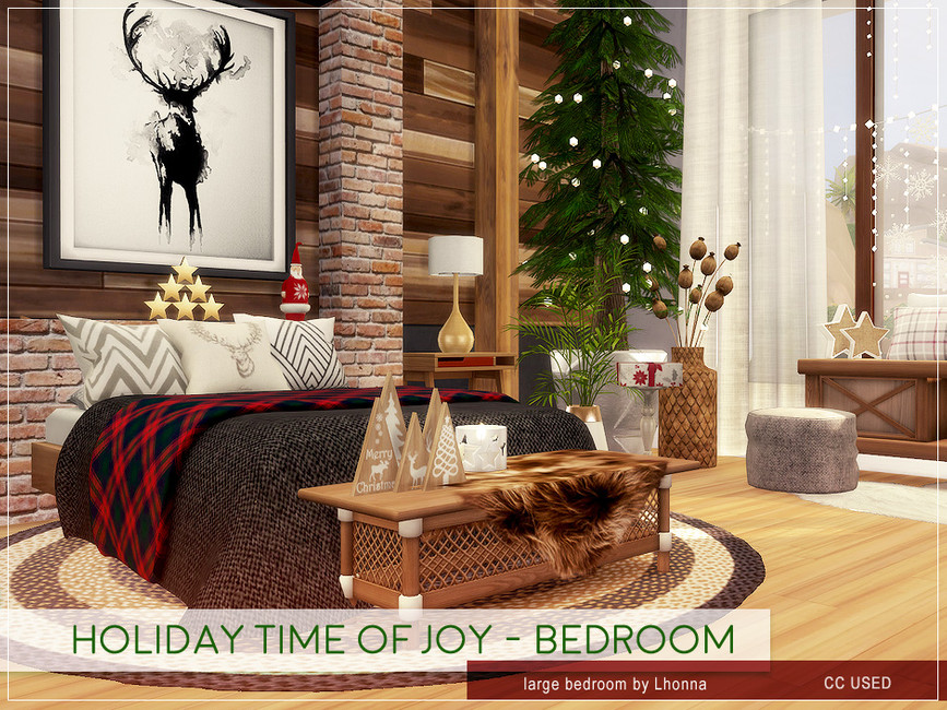 Un dormitorio navideño en Los Sims 4 con un cuadro de un ciervo sobre la cama, pequeñas decoraciones de árbol de Navidad y mantas en la cama.