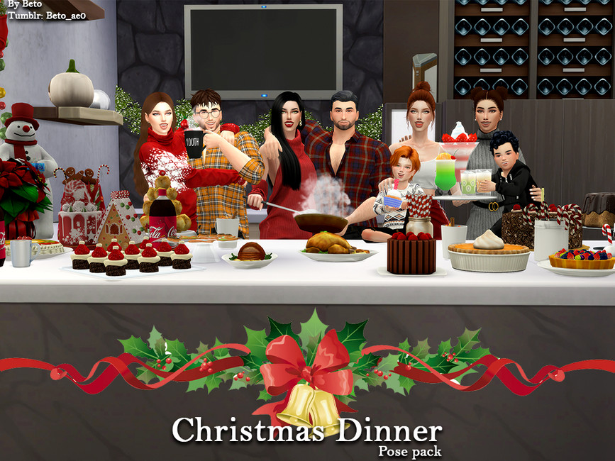 Una familia de 10 en Los Sims 4 parada detrás de un mostrador cubierto de comida navideña festiva.