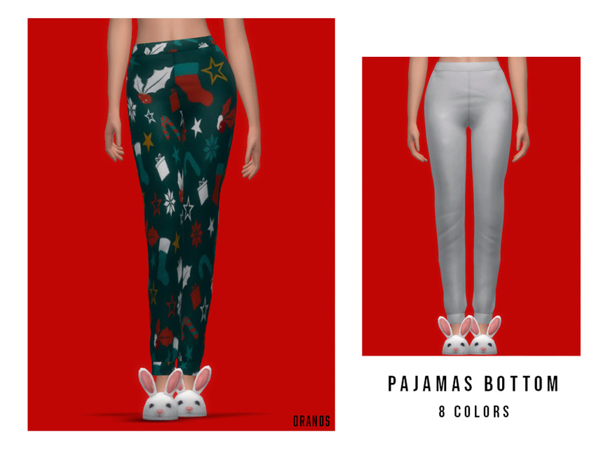 Dos rectángulos rojos con la mitad inferior del cuerpo de un sim. En estas imágenes, un sim lleva puestos unos pantalones de pijama navideños y pantuflas de conejito.