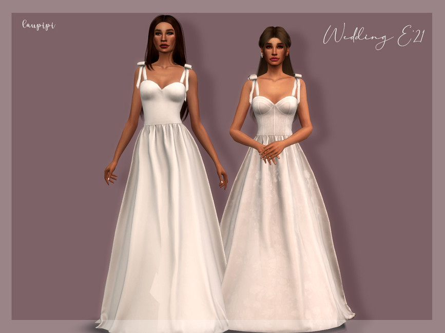 Dos Sims con cabello castaño vistiendo opciones de vestidos de novia para Los Sims 4 que tienen lazos como tirantes y están ajustados en la cintura