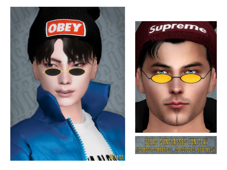 Dos Sims masculinos llevando gorros y chaquetas. Ambos llevan gafas de sol ovaladas pequeñas.