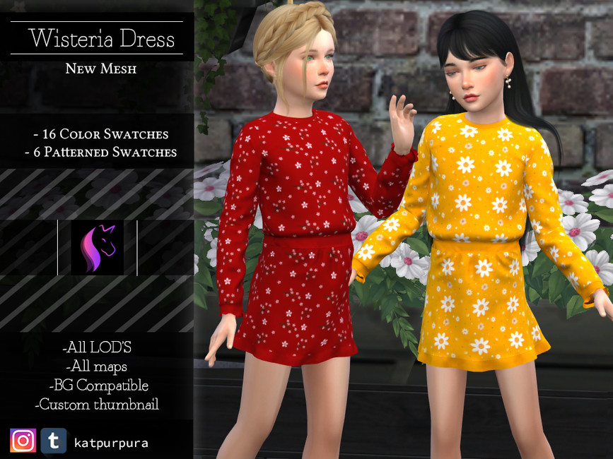 Dos sims, uno con cabello rubio en una trenza coronada y el otro con cabello largo y negro. Ambos llevan vestidos mini de manga larga con flores.