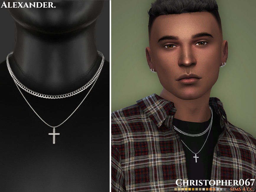 Un personaje masculino de Los Sims 4 que tiene el cabello corto y marrón. Lleva una camiseta negra con una camisa a cuadros encima y lleva un collar cc plateado y superpuesto con una cadena y una cruz.