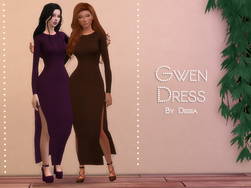 Dos personajes de Los Sims 4 que tienen los brazos alrededor del otro y llevan el mismo vestido de manga larga con una gran abertura.