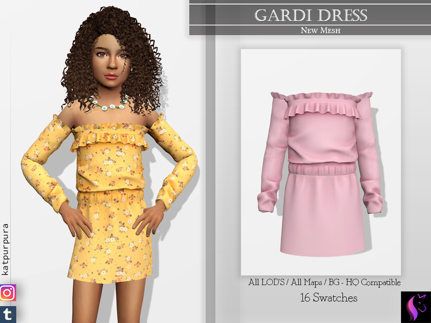 Una Sim con cabello rizado castaño natural usando un collar de flores. Su vestido tiene un escote recto con mangas desprendibles.