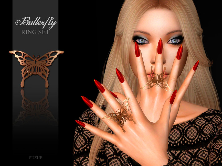 Un Sim con manos grandes que tienen largas uñas en forma de estilete rojas y que lleva una opción de anillos de Sims 4 en forma de mariposa.