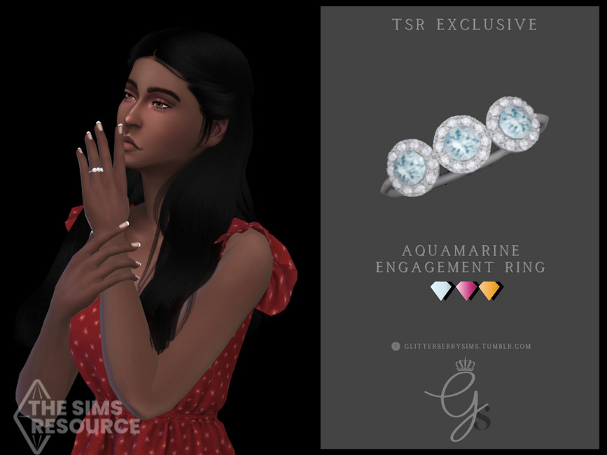 Un Sim con un vestido de lunares rojo, cabello negro y uñas francesas. Lleva puesto un anillo de compromiso.