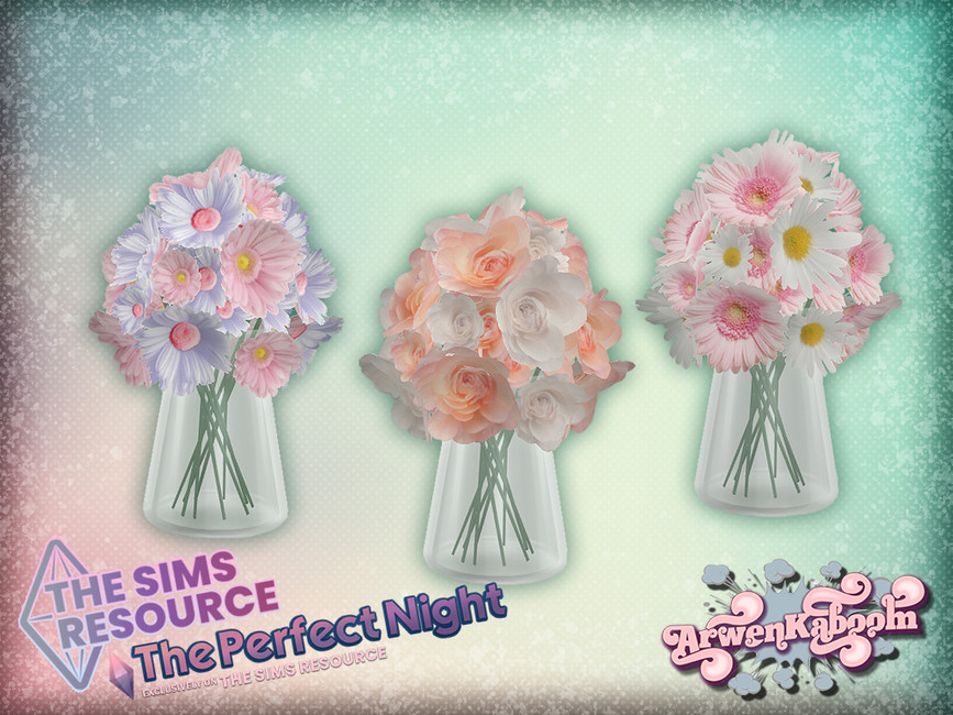 Tres elementos decorativos para bodas en Los Sims 4 que son jarrones transparentes donde se pueden ver los tallos de las flores y luego flores pastel brillantes en su interior.