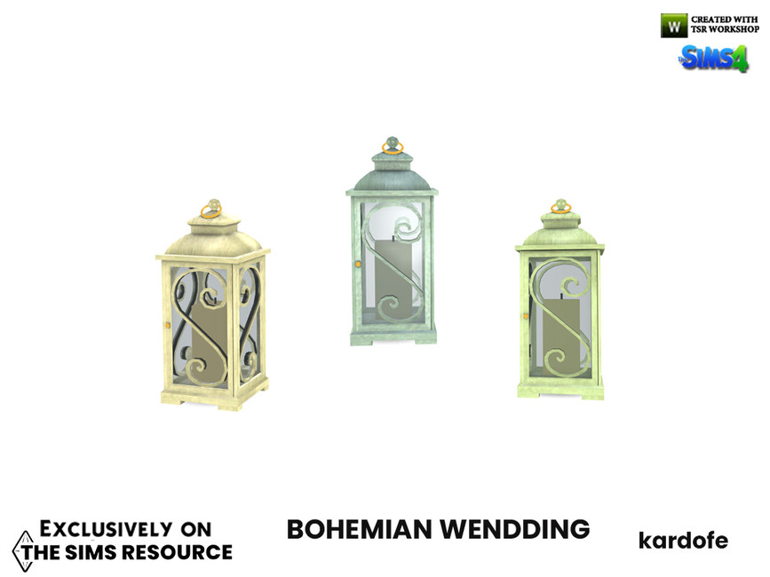 Tres linternas de metal en verde y amarillo y verde azulado. Estos objetos de decoración de boda de Los Sims 4 CC tienen velas en su interior