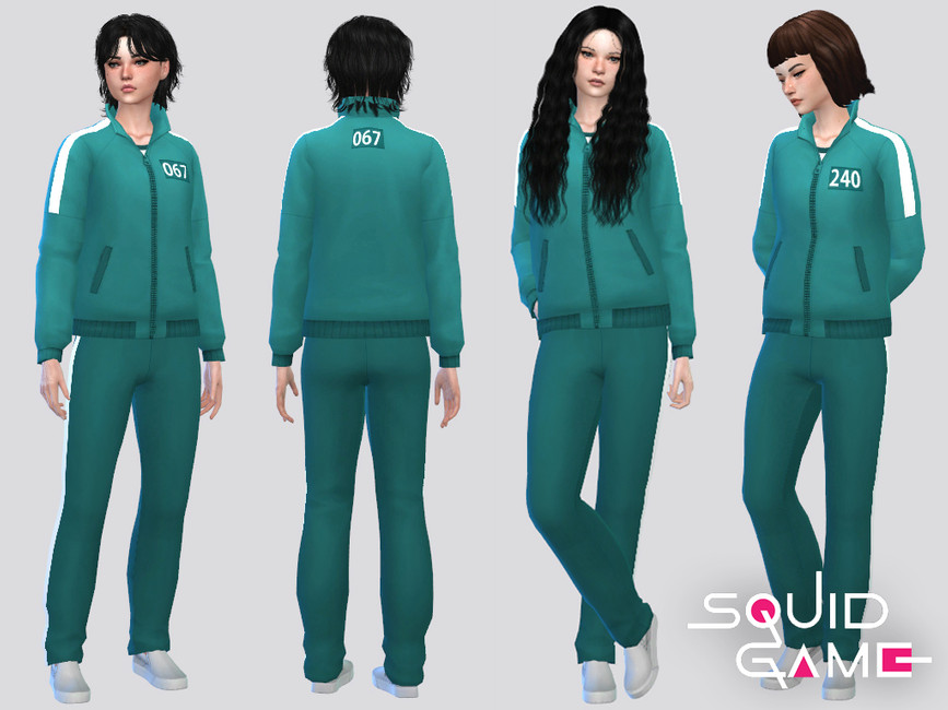 Cuatro Sims vistiendo los trajes de chándal del popular programa, Squid Games