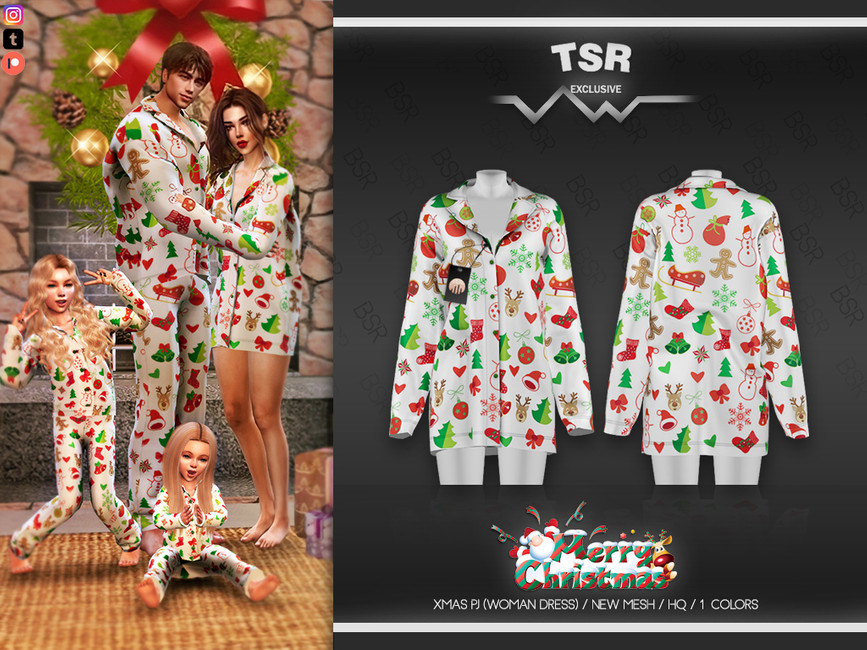 Un conjunto de pijama navideño para Sims 4 con un patrón salvaje de copos de nieve, renos, medias, árboles y más.