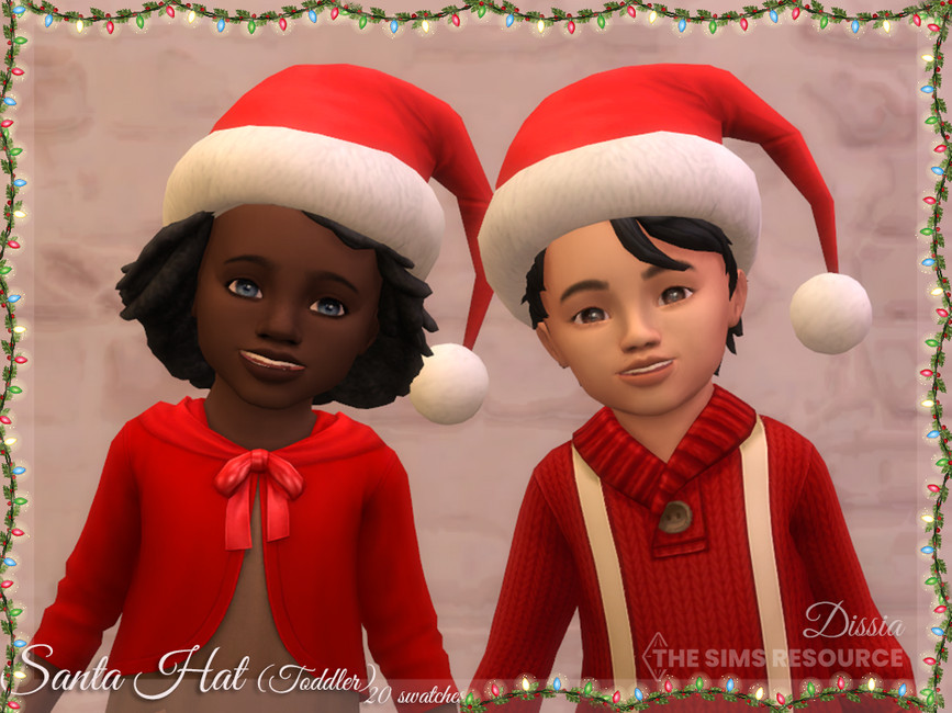 dos sims vistiendo trajes temáticos de Navidad y adorables accesorios de gorro de Papá Noel 