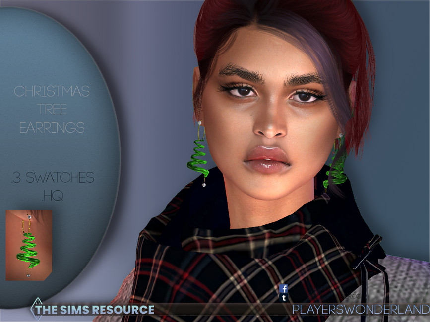 Un Sim llevando un par de pendientes abstractos de Los Sims 4 CC que parecen un árbol de Navidad