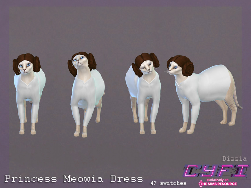 Un gato blanco en Los Sims 4 disfrazado de Princesa Leia