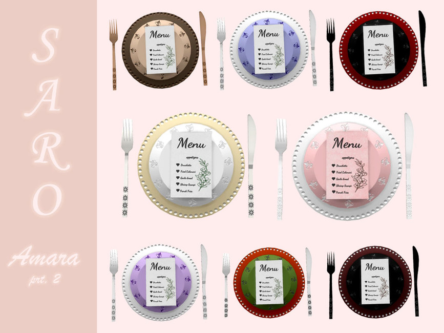 Un conjunto de configuraciones de mesa para Los Sims 4, estos objetos decorativos de boda tienen cargadores con gemas, un menú en la parte superior y cubiertos a cada lado