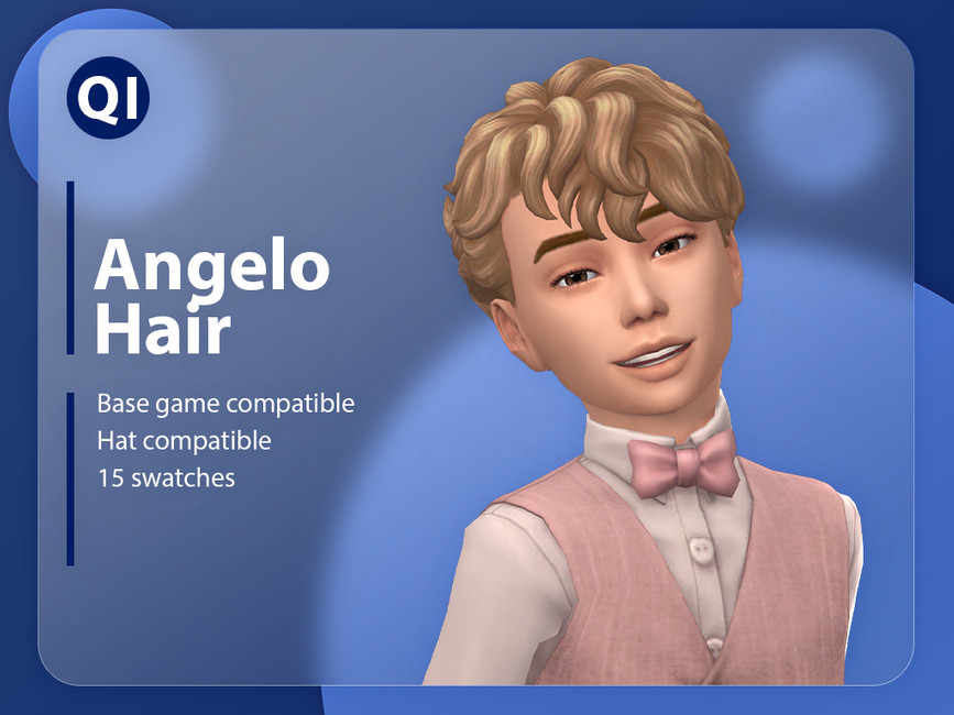 Un sim con cabello ondulado rubio, con una camisa rosa pálido y un chaleco y moño rosa
