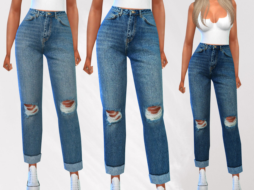 Una sim con cabello rubio y un top blanco usando jeans de mamá de talle alto con rodillas rotas y zapatillas blancas.