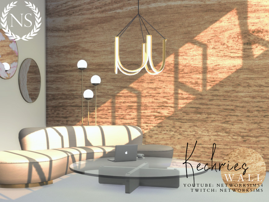 Una habitación con un diseño moderno con un sofá redondo y una mesa de café de vidrio redonda. La pared detrás de estos elementos es un gran mural de madera.