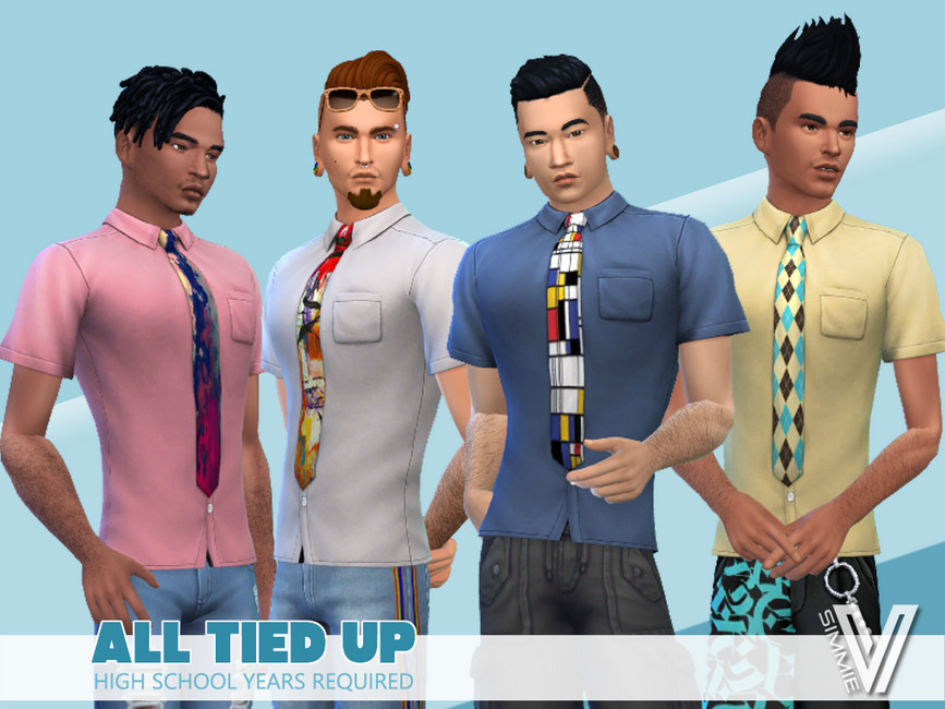 Cuatro sims que llevan corbatas estampadas con camisas de botones abotonadas.