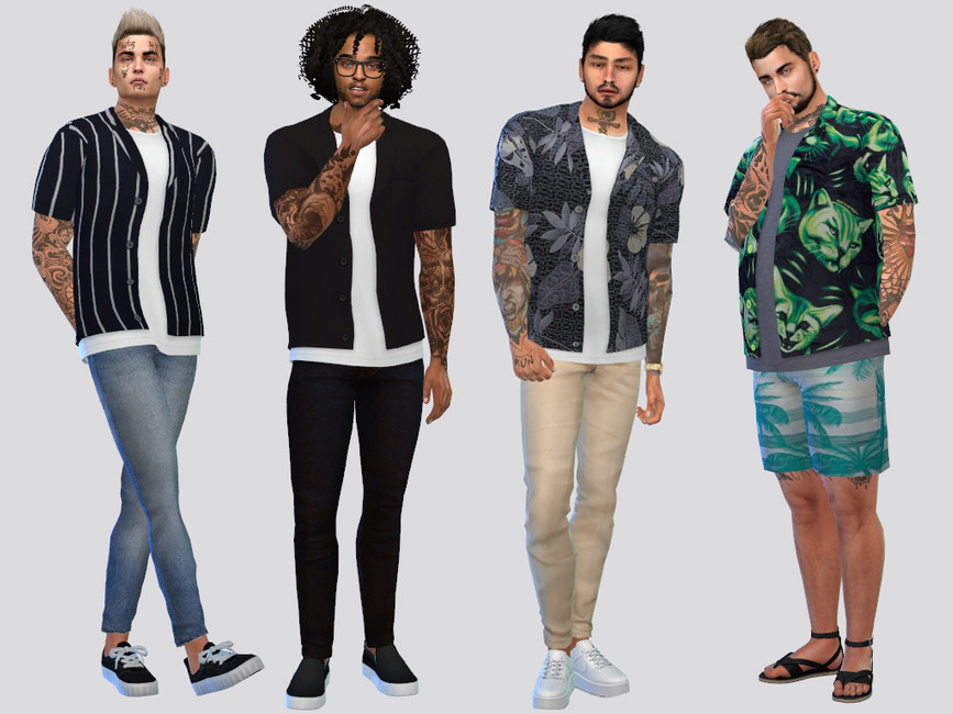 Cuatro personajes masculinos de Los Sims 4 de pie sobre un fondo gris claro. Estos sims llevan camisetas blancas debajo de una camisa abierta estampada.