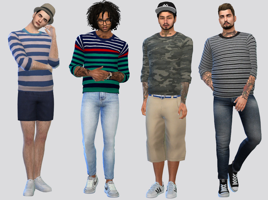 Cuatro sims en varias poses vistiendo suéteres a rayas para hombres de los sims 4