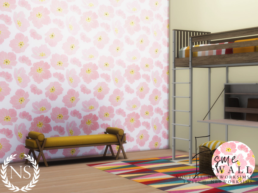 Un dormitorio infantil con una cama alta con un escritorio debajo que tiene papel tapiz cc floral sims 4 en el costado.