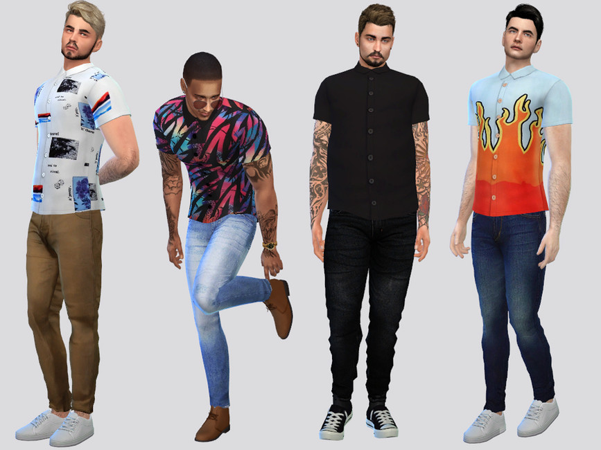 Esta imagen muestra a cuatro Sims parados uno al lado del otro, todos ellos llevan pantalones y zapatos, pero también llevan una camisa con puños con varios patrones.