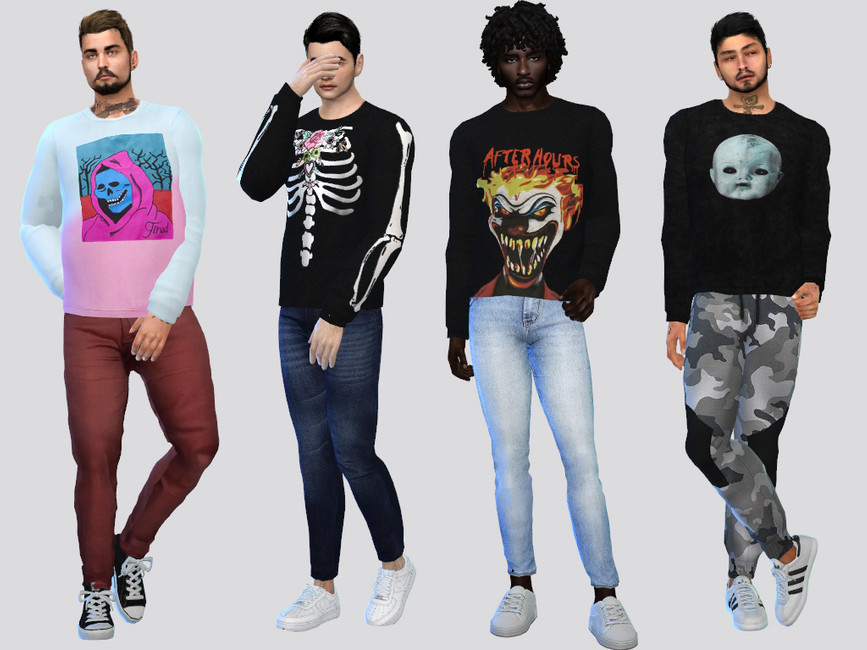 Cuatro sims masculinos que llevan puestas camisas espeluznantes temáticas de Halloween