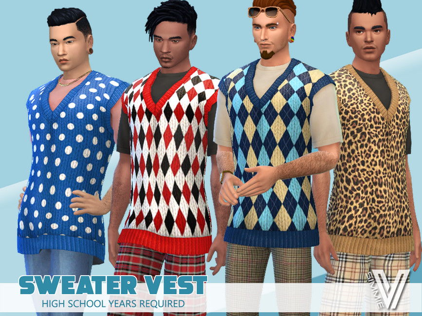 Cuatro personajes masculinos de Los Sims 4. Estos sims llevan camisetas y encima llevan chalecos de sweater estampados