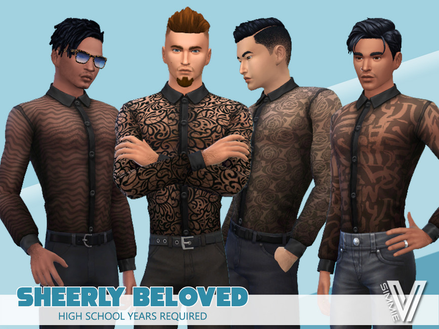 Cuatro personajes masculinos de Los Sims 4 vistiendo camisas de malla transparentes. Estas tienen patrones encaje para mantenerlas interesantes.