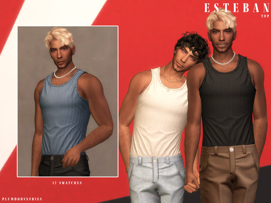Dos Sims que se toman de las manos. Uno tiene la cabeza apoyada en el hombro del otro. Ambos llevan puestas camisetas sin mangas de Los Sims 4 para hombres.
