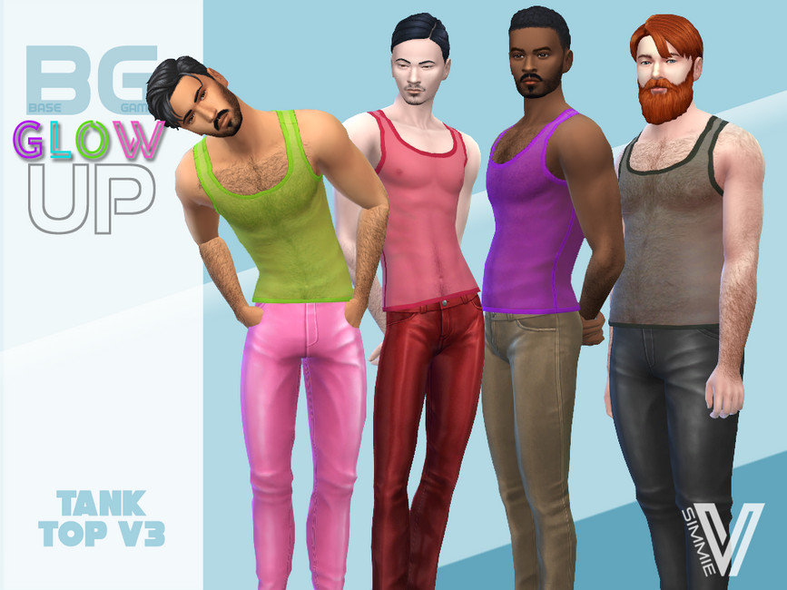 Cuatro personajes masculinos de Los Sims 4 que llevan camisetas transparentes como camisas.