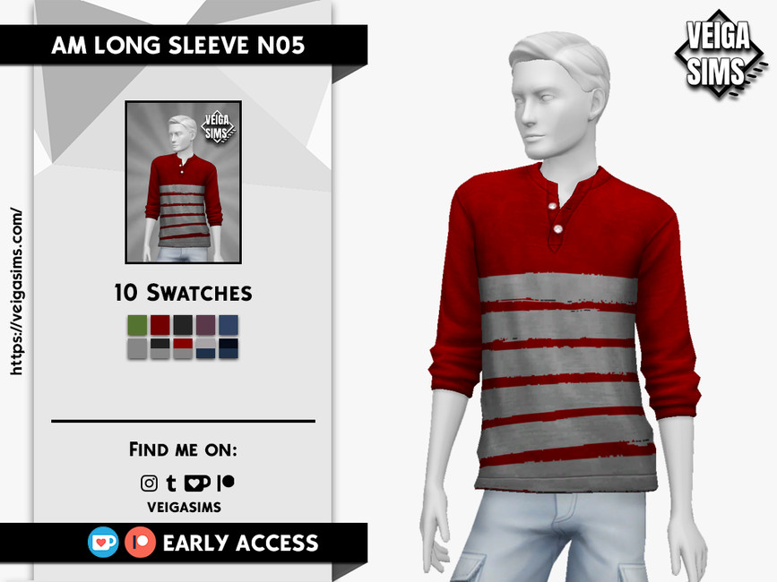 Un maniquí masculino en Los Sims 4 que lleva una camisa de manga larga roja con rayas grises, las mangas están remangadas