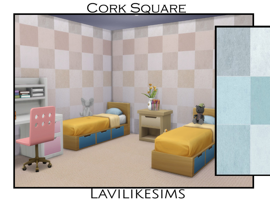 Una habitación infantil para dos niños con dos camas individuales y una mesita de noche en medio. Hay un escritorio con una silla de escritorio rosa y un papel pintado de cuadros de sims 4 cc.