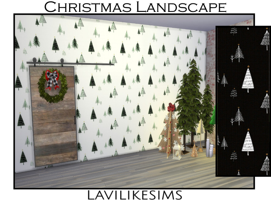 Una habitación con decoraciones navideñas y una puerta de granero de madera. Las paredes tienen fondo de pantalla cc de los sims 4 con pequeños árboles de Navidad.