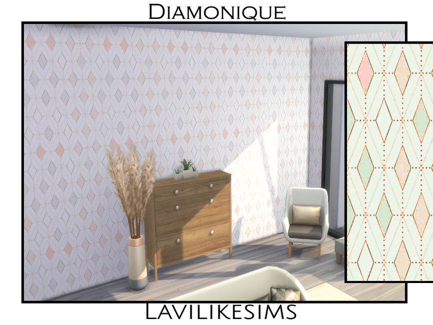 Una habitación con una silla, tocador y planta con papel pintado de diamantes.