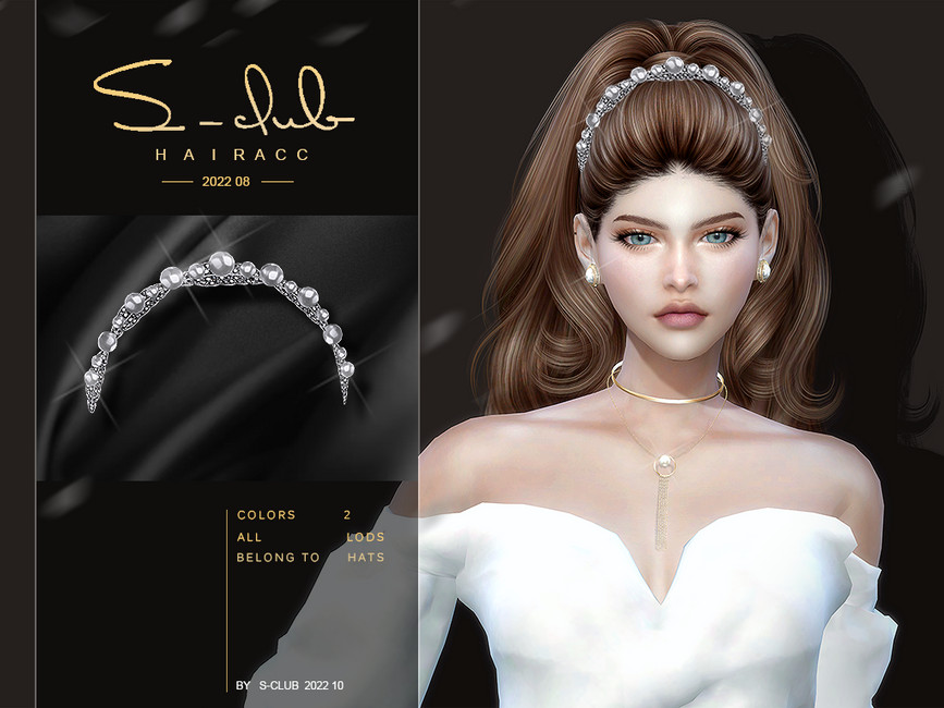 Una sim con cabello castaño claro lleva puesto un vestido de novia y una diadema grande cubierta de perlas.