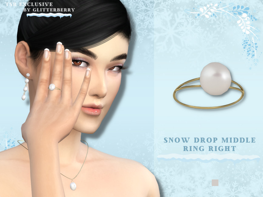 Un sim con pelo negro recogido en un moño, ojos marrones y un vestido de novia. Lleva un anillo de accesorios de boda de sims 4 cc que es una banda delgada con una gran perla.