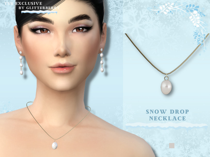 Un sim con ojos marrones y cabello negro. Lleva puesto un collar sencillo con una cadena delgada y una perla blanca.