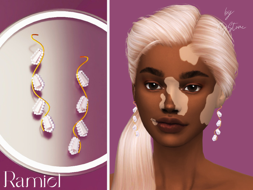 Un sim que tiene el cabello rubio y vitiligo en su rostro. Este sim lleva puestos unos pendientes retorcidos con una banda de metal dorado y diamantes a lo largo.