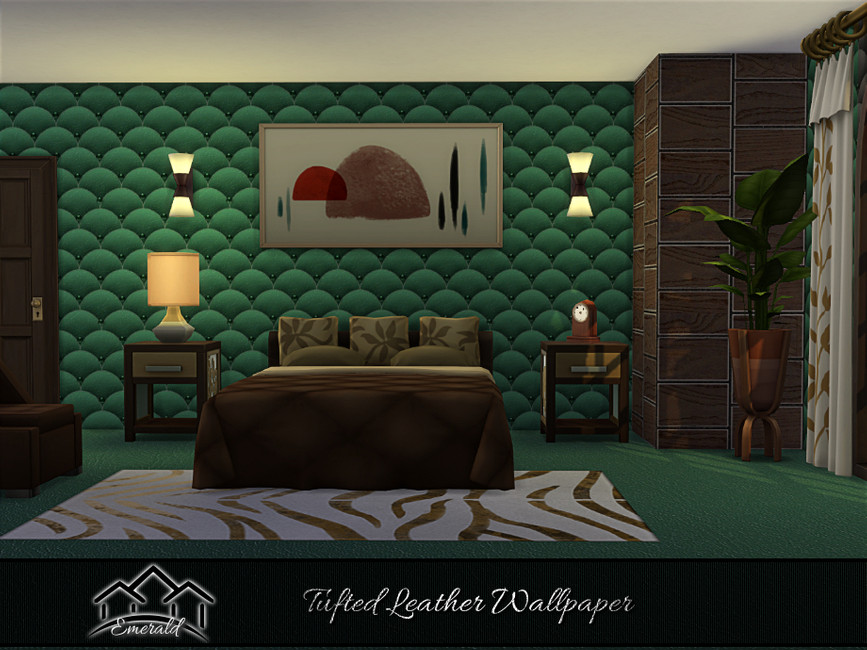 Una habitación oscura en Los Sims 4 con papel tapizado personalizado acolchado en un verde oscuro. Hay suelos verdes y una alfombra de estampado de cebra en blanco y dorado.