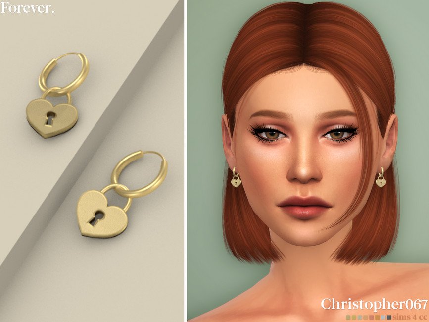 Un sim con pelo rojo más corto que los hombros, tienen ojos marrones y pestañas largas. Llevan un par de pendientes en forma de corazón con cerradura.