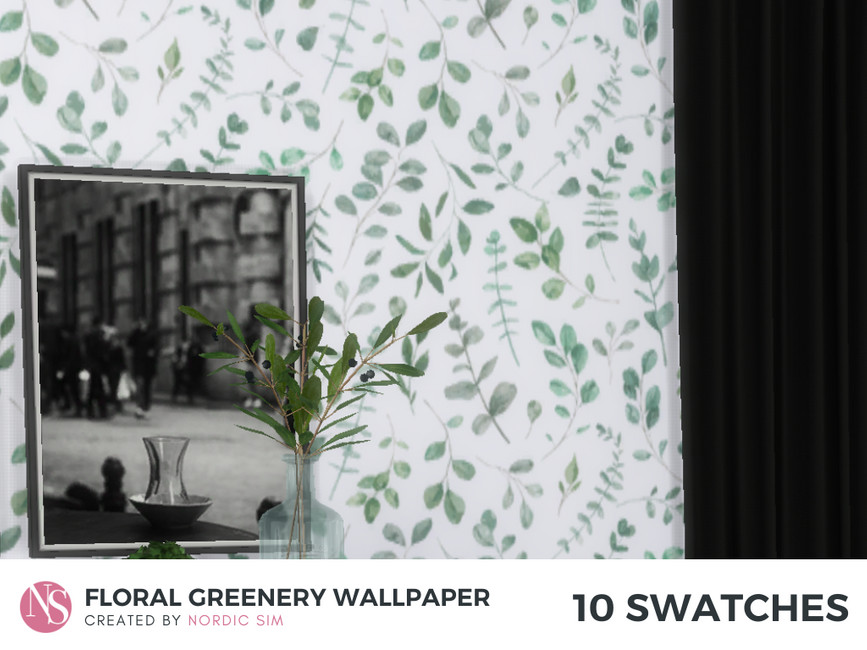 Una imagen de una habitación de Los Sims 4 donde hay una pared blanca con vegetación en el papel tapiz por todas partes.