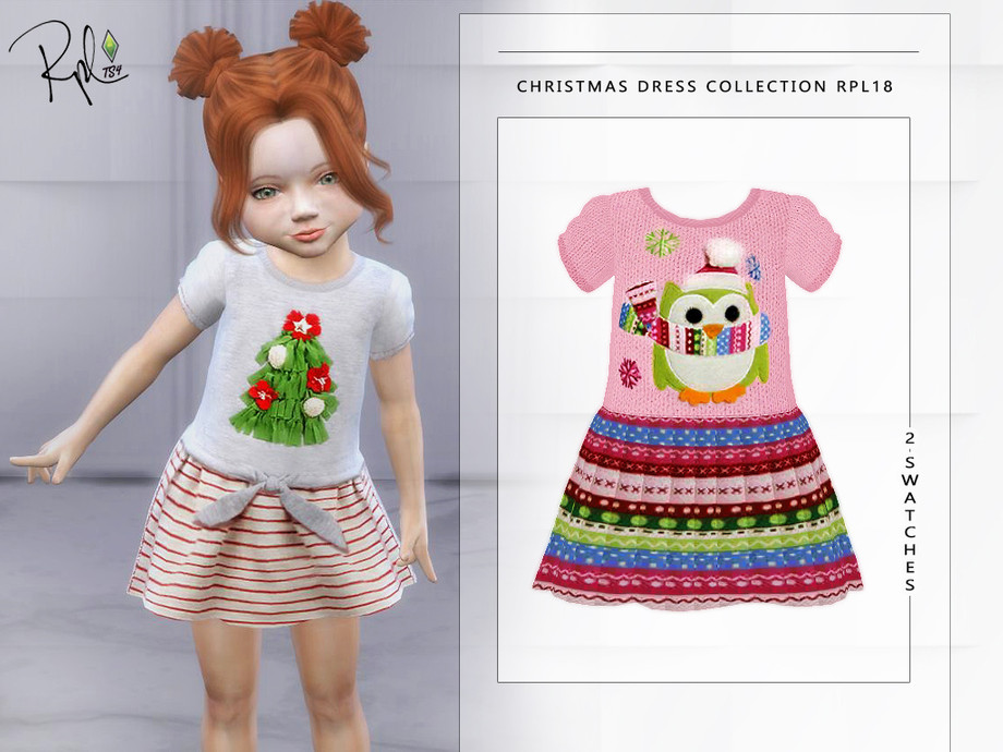 Una sim con cabello rojo que lleva un vestido tipo camiseta de colores brillantes con un árbol de Navidad en la parte delantera para tu carpeta de cc.