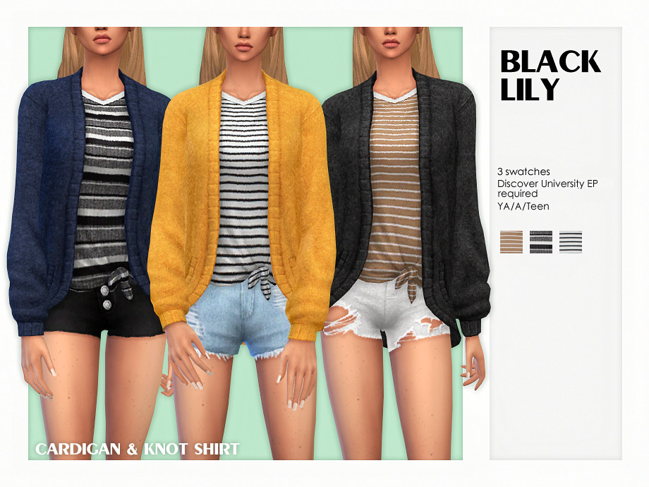 La misma sim 3 veces con la cabeza recortada de la imagen. Todas llevan shorts con una camiseta a rayas que se ata en la cadera y un cárdigan.